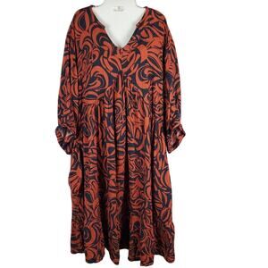 June + Vie Gauze Maxi Dress Abstract Orange Blue Sz 12 Coastal Grandmother